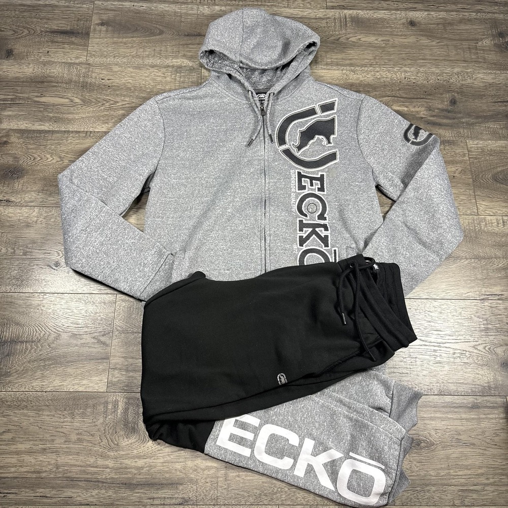 Y2K Ecko Unltd. Tracksuit Mens Medium Gray Black Fleece Logo Hoodie Pants Set